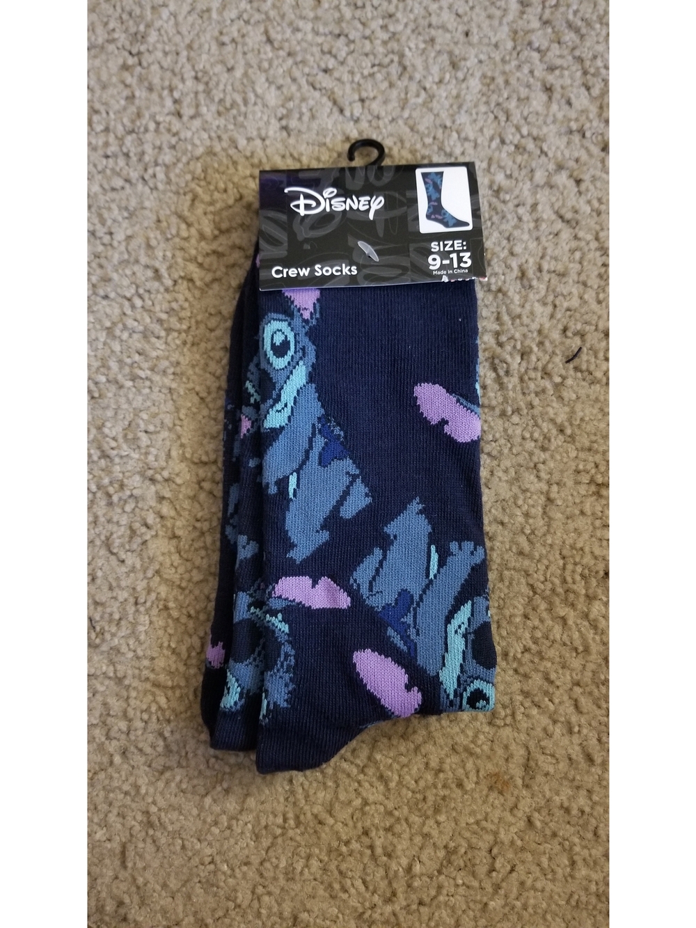 Disney Men's Crew Socks - Navy with Blue & Purple Stitch Pattern